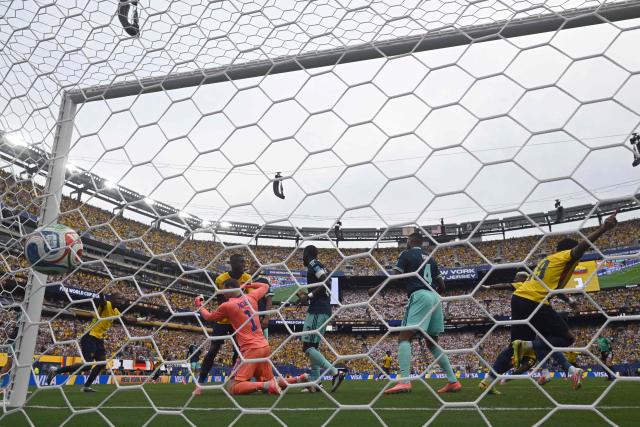 Ecuador's midfielder #19 Gonzalo Plata celebrates scoring his team's second goal during the 2026 World Cup Group E football match between Ecuador and Germany at the New York/New Jersey Stadium in East Rutherford on June 25, 2026. (Photo by MAURO PIMENTEL / AFP)