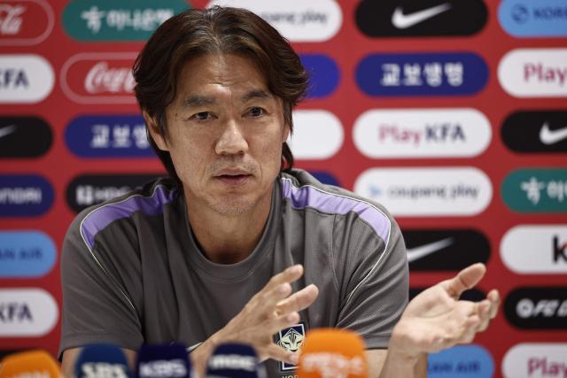 South Korea's head coach Hong Myung-bo gives a press conference at Chivas Verde Valle in Guadalajara, Mexico on June 25, 2026, during the 2026 World Cup football tournament. (Photo by Ulises RUIZ / AFP)