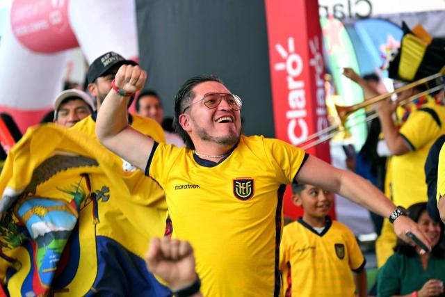 A fan of Ecuador celebrates at a Fan Fest in northern Quito, on June 25, 2026 after his team scored to defeat Germany 2-1 and squeezed into the last 32 of the FIFA World Cup. (Photo by Rodrigo BUENDIA / AFP)