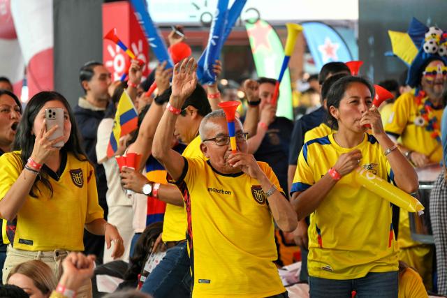 Fans of Ecuador cheer at a Fan Fest in northern Quito, on June 25, 2026 after their team defeated Germany 2-1 and squeezed into the last 32 of the FIFA World Cup. (Photo by Rodrigo BUENDIA / AFP)