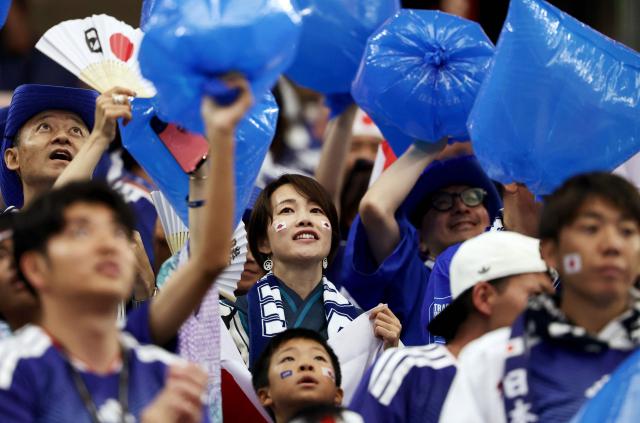 Japanese fans cheer ahead of the 2026 World Cup Group F football match between Japan and Sweden at the Dallas Stadium in Arlington on June 25, 2026.  (Photo by Aric Becker / AFP)