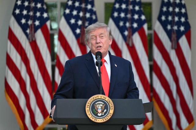 US President Donald Trump speaks during a Rose Garden Club dinner with American farmers at the White House in Washington, DC, on June 25, 2026. (Photo by Mandel NGAN / AFP)