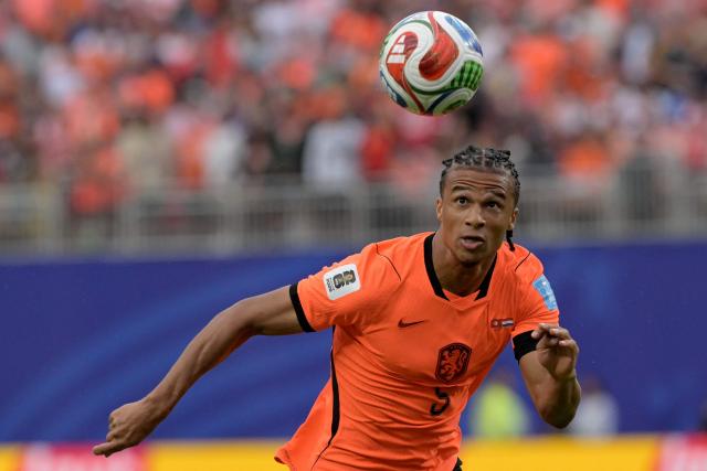 Netherlands' defender #05 Nathan Ake eyes on the ball during the 2026 World Cup Group F football match between Tunisia and the Netherlands at the Kansas City Stadium in Kansas City on June 25, 2026.  (Photo by Juan MABROMATA / AFP)