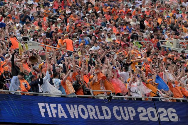Netherlands' fans cheer their team during the 2026 World Cup Group F football match between Tunisia and the Netherlands at the Kansas City Stadium in Kansas City on June 25, 2026.  (Photo by Juan MABROMATA / AFP)