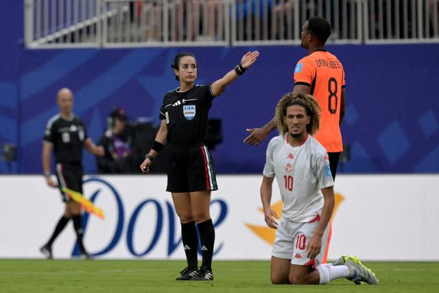 Mexican referee Katia Itzel Garcia gestures during the 2026 World Cup Group F football match between Tunisia and the Netherlands at the Kansas City Stadium in Kansas City on June 25, 2026.  (Photo by Juan MABROMATA / AFP)