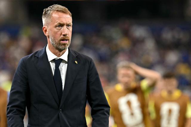 Sweden's English head coach Graham Potter looks on during the 2026 World Cup Group F football match between Japan and Sweden at the Dallas Stadium in Arlington on June 25, 2026.  (Photo by Paul ELLIS / AFP)