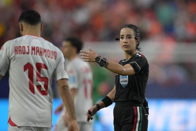 Mexican referee Katia Itzel Garcia gestures during the 2026 World Cup Group F football match between Tunisia and the Netherlands at the Kansas City Stadium in Kansas City on June 25, 2026.  (Photo by Juan MABROMATA / AFP)