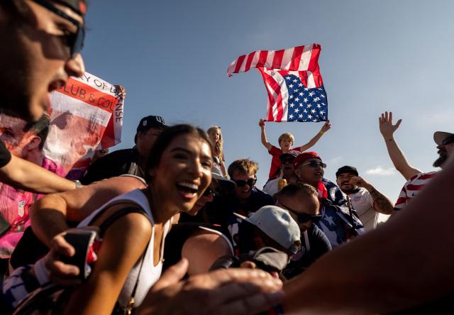 US fans cheer their team ahead of the during the 2026 World Cup Group D football match between Turkey and USA at the Los Angeles Stadium in Inglewood on June 25, 2026.  (Photo by Etienne LAURENT / AFP)