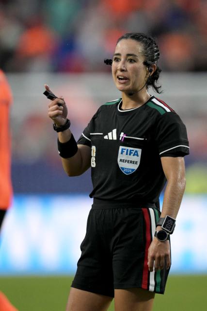 Mexican referee Katia Itzel Garcia gestures during the 2026 World Cup Group F football match between Tunisia and the Netherlands at the Kansas City Stadium in Kansas City on June 25, 2026.  (Photo by Juan MABROMATA / AFP)