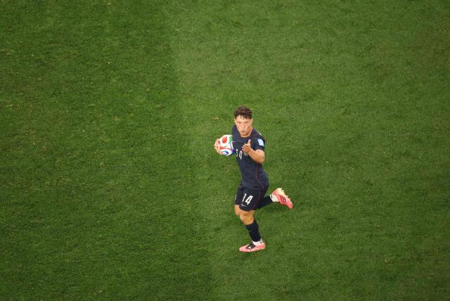 US midfielder #14 Sebastian Berhalter celebrates after scoring his team’s second goal during the 2026 World Cup Group D football match between Turkey and USA at the Los Angeles Stadium in Inglewood on June 25, 2026.  (Photo by Etienne LAURENT / AFP)