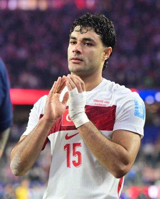 Turkey's defender #15 Ozan Kabak reacts at the end of the during the 2026 World Cup Group D football match between Turkey and USA at the Los Angeles Stadium in Inglewood on June 25, 2026.  (Photo by Frederic J. BROWN / AFP)