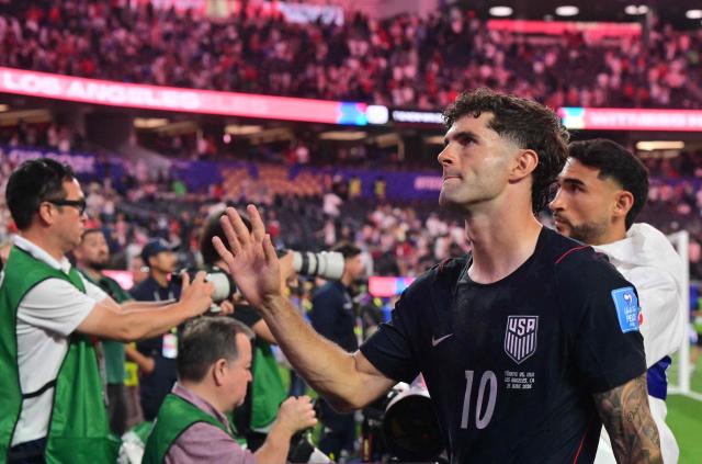US forward #10 Christian Pulisic reacts at the end of the 2026 World Cup Group D football match between Turkey and USA at the Los Angeles Stadium in Inglewood on June 25, 2026.  (Photo by Frederic J. BROWN / AFP)