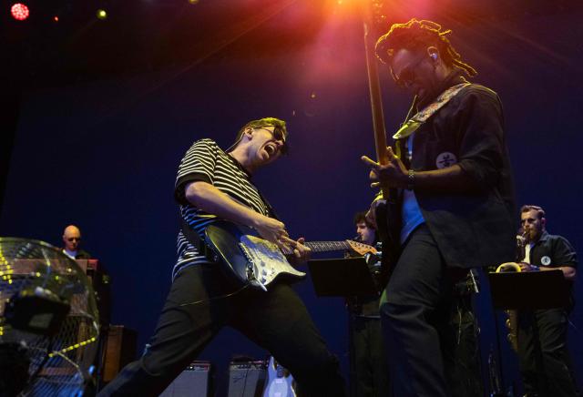 US guitarist and composer Cory Wong (L) and US bassist Sonny T perform during the "Noches del Botanico" festival in Madrid, on June 25, 2026. (Photo by Pierre-Philippe MARCOU / AFP)