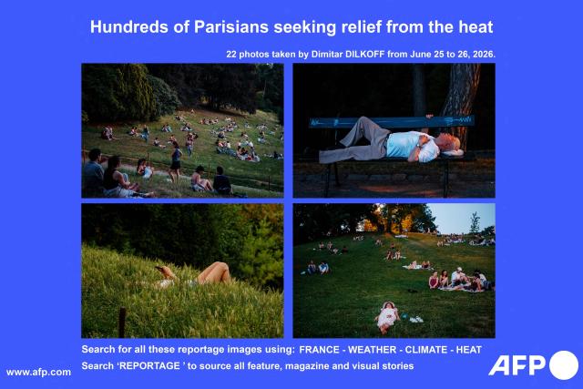 AFP presents a reportage of 22 photos taken by photographer Dimitar Dilkoff between June 25 and June 26, 2026 during a heatwave in Paris. Hundreds of Parisians seeking relief from the heat took refuge in the Parc des Buttes-Chaumont, in the north-east of the capital, which has remained open round the clock throughout the heatwave affecting France.

Search for all these reportage images using: FRANCE-WEATHER-CLIMATE-HEAT

Search "REPORTAGE" to source all feature, magazine and visual stories. (Photo by Dimitar DILKOFF / AFP)