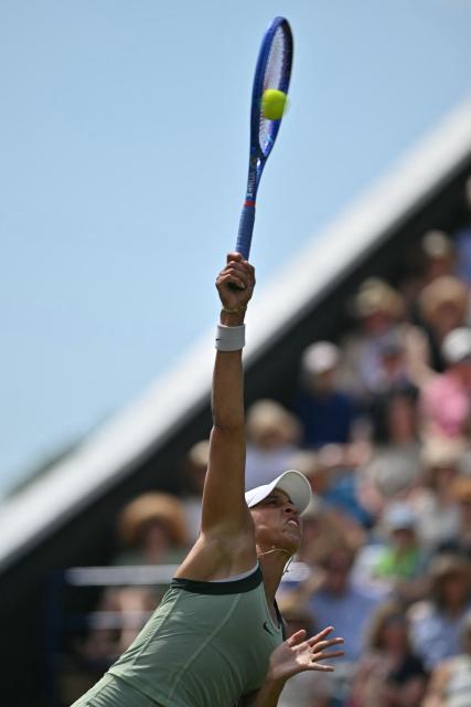US Madison Keys serves to Croatian's Petra Marcinko during their women's semi-final tennis match on day five of the Lexus Eastbourne Open at Devonshire Park, Eastbourne, on the south coast of England on June 26, 2026. (Photo by Glyn KIRK / AFP)