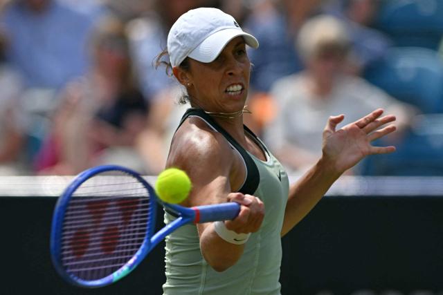 US player Madison Keys returns against Croatia's Petra Marcinko during their women's semi-final tennis match on day five of the Lexus Eastbourne Open at Devonshire Park, Eastbourne, on the south coast of England on June 26, 2026. (Photo by Glyn KIRK / AFP)