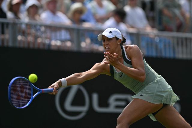US Madison Keys returns to Croatian's Petra Marcinko during their women's semi-final tennis match on day five of the Lexus Eastbourne Open at Devonshire Park, Eastbourne, on the south coast of England on June 26, 2026. (Photo by Glyn KIRK / AFP)