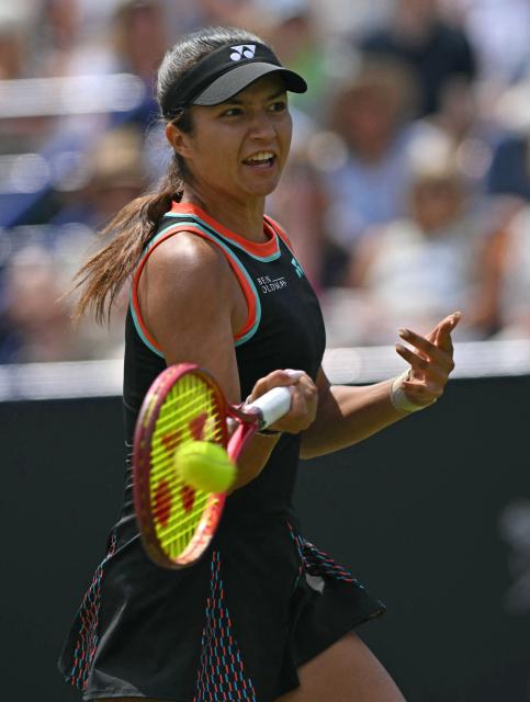 Croatia Petra Marcinko returns against US player Madison Keys during their women's semi-final tennis match on day five of the Lexus Eastbourne Open at Devonshire Park, Eastbourne, on the south coast of England on June 26, 2026. (Photo by Glyn KIRK / AFP)