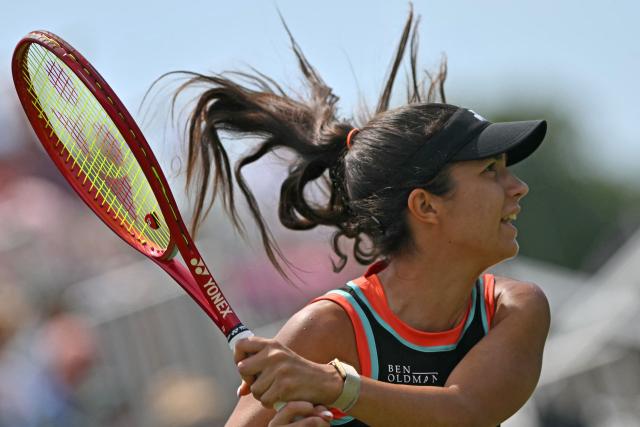 Croatia Petra Marcinko returns against US player Madison Keys during their women's semi-final tennis match on day five of the Lexus Eastbourne Open at Devonshire Park, Eastbourne, on the south coast of England on June 26, 2026. (Photo by Glyn KIRK / AFP)