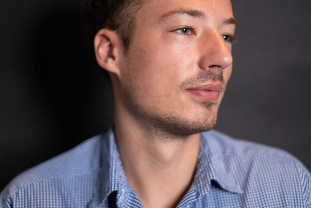 French actor and director Leopold Kraus poses on the sidelines of the Cinema and Film Music La Baule festival, in La Baule, western France on June 26, 2026. (Photo by Sebastien Salom-Gomis / AFP)