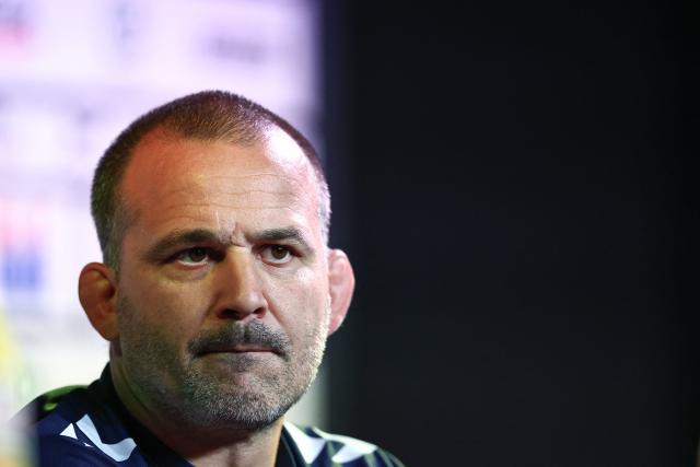 Montpelliers' manager Joan Caudullo looks on during a press conference on the eve of the Top 14 rugby union final match between Stade Toulousain (Toulouse) and Montpellier Herault Rugby at the Stade de France stadium in Paris on June 26, 2026. (Photo by Anne-Christine POUJOULAT / AFP)
