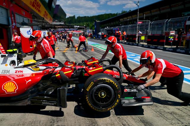 Ferrari's British driver Lewis Hamilton is pushed back to the garage during the first practice session at the Red Bull Ring race track in Spielberg, Austria on June 26, 2026, ahead of the Formula One Austrian Grand Prix. (Photo by Andrej ISAKOVIC / AFP)