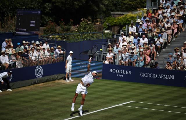 Serbia's Novak Djokovic plays against US player Tommy Paul ahead of their men's singles match on day four of the Giorgio Armani Tennis Classic tournament at the Hurlingham Club in London on June 26, 2026. (Photo by Henry NICHOLLS / AFP)