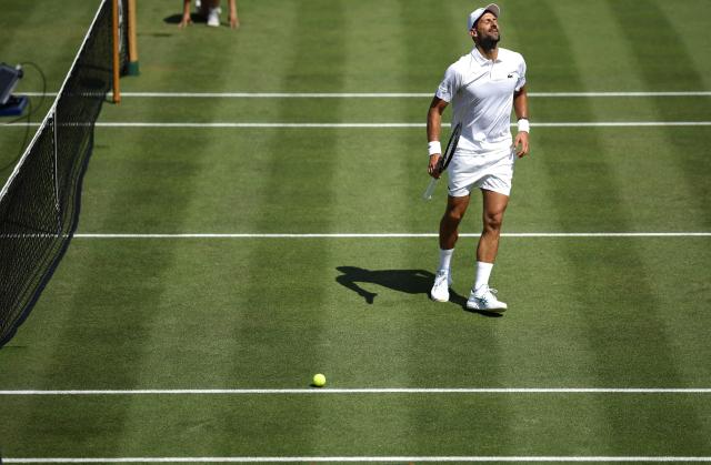 Serbia's Novak Djokovic reacts to a lost point against US player Tommy Paul ahead of their men's singles match on day four of the Giorgio Armani Tennis Classic tournament at the Hurlingham Club in London on June 26, 2026. (Photo by Henry NICHOLLS / AFP)