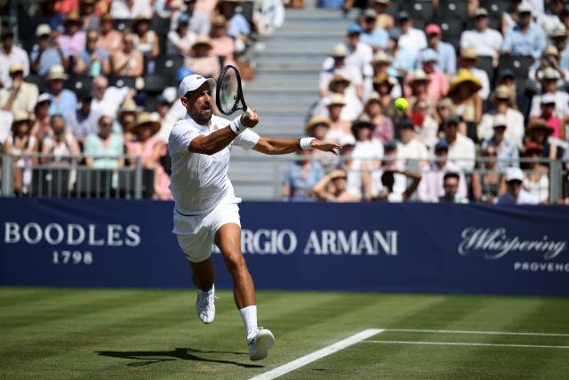 Serbia's Novak Djokovic plays against US player Tommy Paul ahead of their men's singles match on day four of the Giorgio Armani Tennis Classic tournament at the Hurlingham Club in London on June 26, 2026. (Photo by Henry NICHOLLS / AFP)