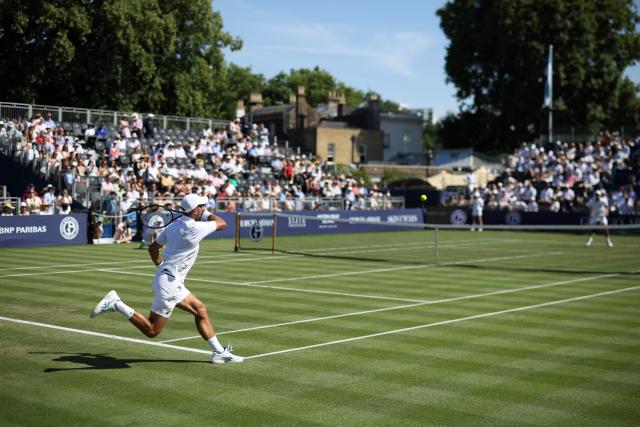 Serbia's Novak Djokovic plays against US player Tommy Paul ahead of their men's singles match on day four of the Giorgio Armani Tennis Classic tournament at the Hurlingham Club in London on June 26, 2026. (Photo by Henry NICHOLLS / AFP)