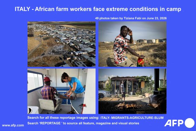 AFP presents a reportage of 49 photos by AFP photographer Tiziana Fabi in Borgo Mezzanone makeshift camp hosting migrant workers in the Puglia region, south of Italy, on June 23, 2026. During the peak summer season, Borgo Mezzanone becomes home to approximately 3,000 people—mostly migrant farmworkers drawn to Puglia for the tomato harvest and high temperatures are making conditions even worse for migrant workers with a lack of basic services like water current, no sewage system, open air pile of trash. (Photo by Tiziana FABI / AFP)