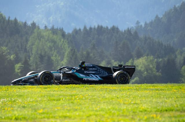 Mercedes' British driver George Russell drives during the second practice session at the Red Bull Ring race track in Spielberg, Austria on June 26, 2026, ahead of the Formula One Austrian Grand Prix. (Photo by Joe KLAMAR / AFP)