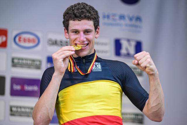 Team Bahrain Victorious's Belgian rider Alec Segaert celebrates on the podium after winning the men's elite individual road time trial race (41,5km) during the Belgian Cycling Championships, in Maarkedal on June 26, 2026. (Photo by DAVID PINTENS / Belga / AFP) / Belgium OUT