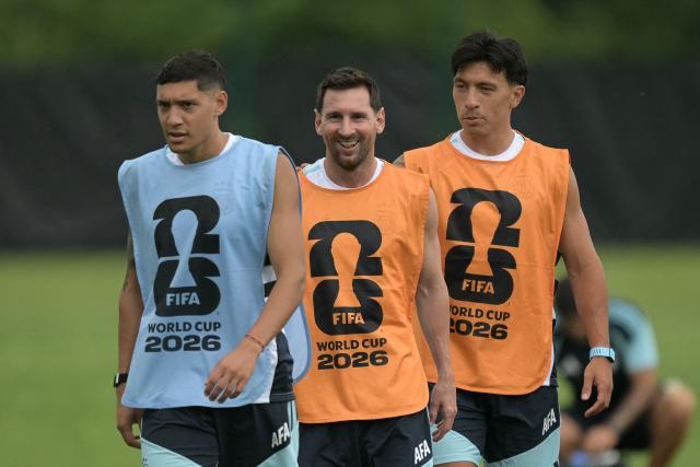 (From L) Argentina's defender #26 Nahuel Molina, Argentina's forward #10 Lionel Messi and Argentina's defender #06 Lisandro Martinez during an MD-1 training session at the Compass Minerals National Performance Center in Kansas City on June 26, 2026, on the eve of the 2026 World Cup Group J football match between Jordan and Argentina. (Photo by JUAN MABROMATA / AFP)