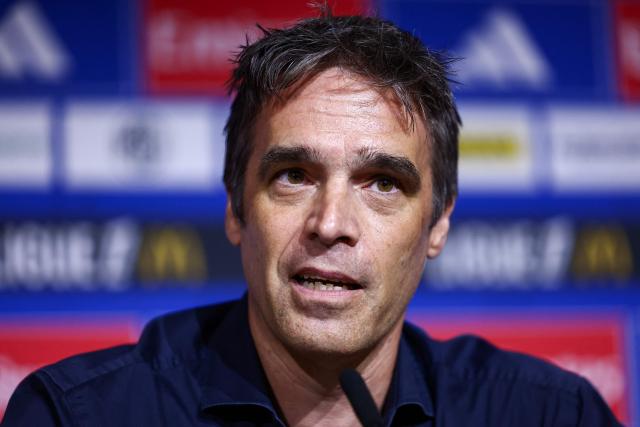 Lyon’s German general manager Michael Gerlinger speaks during a press conference at the Groupama Stadium in Decines-Charpieu near Lyon, central-eastern France, on June 26, 2026. The US businesswoman Michele Kang has become the majority shareholder of Olympique Lyonnais (Ligue 1), which she has been managing for the past year, according to Eagle Football Group, the club’s previous owner. (Photo by Alex MARTIN / AFP)