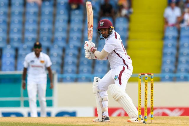 Amir Jangoo of West Indies during the second day of the first Test cricket match between West Indies and Sri Lanka at Sir Vivian Richards Stadium in North Sound, Antigua and Barbuda, on June 26, 2026. (Photo by Randy Brooks / AFP)