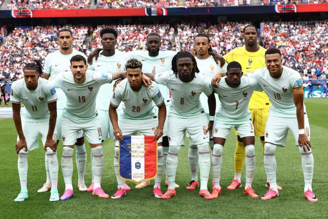 France's players pose for a picture ahead of the 2026 World Cup Group I football match between Norway and France at the Boston Stadium in Foxborough on June 26, 2026.  (Photo by CHARLY TRIBALLEAU / AFP)