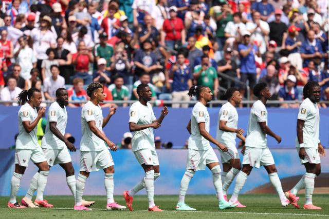 France's forward #07 Ousmane Dembele (4th-L) celebrates with teammates scoring his team's first goal during the 2026 World Cup Group I football match between Norway and France at the Boston Stadium in Foxborough on June 26, 2026.  (Photo by FRANCK FIFE / AFP)