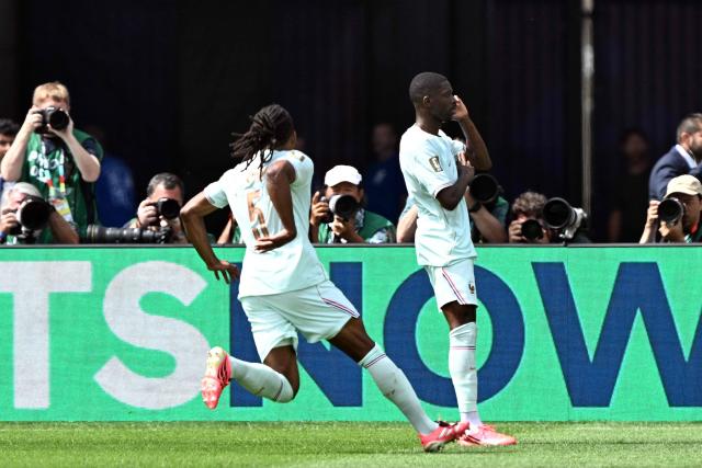 France's forward #07 Ousmane Dembele celebrates scoring his team's first goal during the 2026 World Cup Group I football match between Norway and France at the Boston Stadium in Foxborough on June 26, 2026.  (Photo by Jewel SAMAD / AFP)