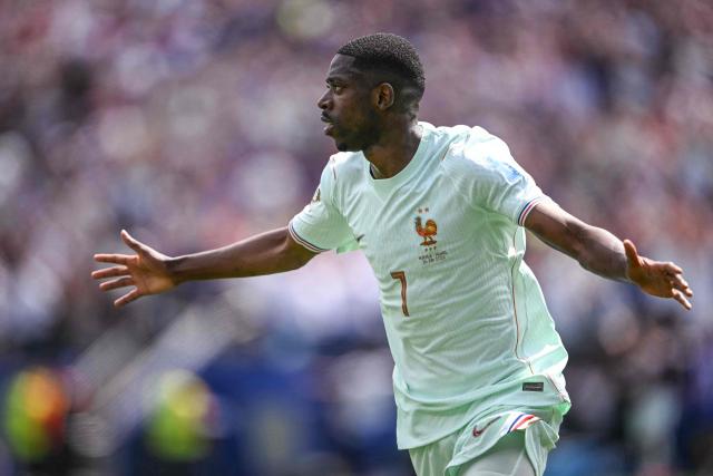 France's forward #07 Ousmane Dembele celebrates with teammates scoring his team's first goal during the 2026 World Cup Group I football match between Norway and France at the Boston Stadium in Foxborough on June 26, 2026.  (Photo by MAURO PIMENTEL / AFP)