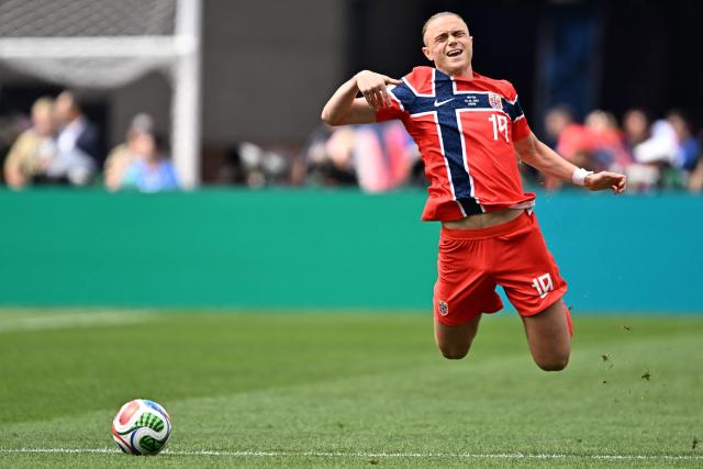 Norway's midfielder #19 Thelo Aasgaard falls after being fouled during the 2026 World Cup Group I football match between Norway and France at the Boston Stadium in Foxborough on June 26, 2026.  (Photo by Jewel SAMAD / AFP)