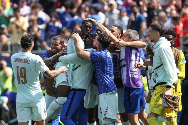 TOPSHOT - France's forward #07 Ousmane Dembele (C) celebrates scoring his team's second goal during the 2026 World Cup Group I football match between Norway and France at the Boston Stadium in Foxborough on June 26, 2026. (Photo by FRANCK FIFE / AFP)