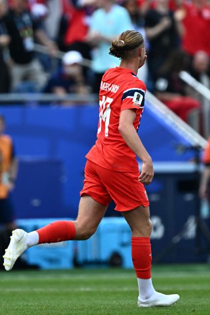 Norway's midfielder #19 Thelo Aasgaard celebrates scoring his team's first goal during the 2026 World Cup Group I football match between Norway and France at the Boston Stadium in Foxborough on June 26, 2026.  (Photo by Jewel SAMAD / AFP)