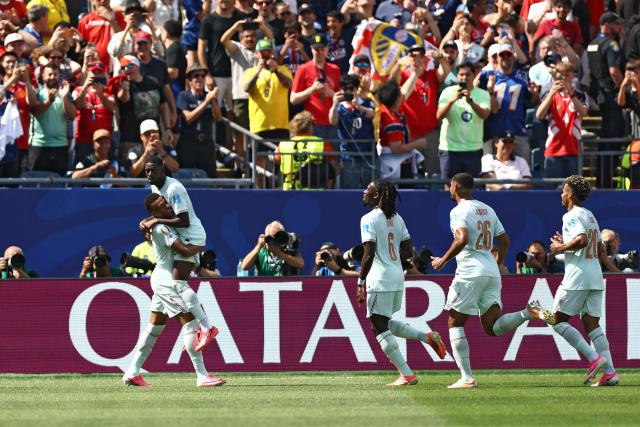 France's forward #07 Ousmane Dembele celebrates with teammate forward #10 Kylian Mbappe scoring his team's third goal during the 2026 World Cup Group I football match between Norway and France at the Boston Stadium in Foxborough on June 26, 2026.  (Photo by CHARLY TRIBALLEAU / AFP)