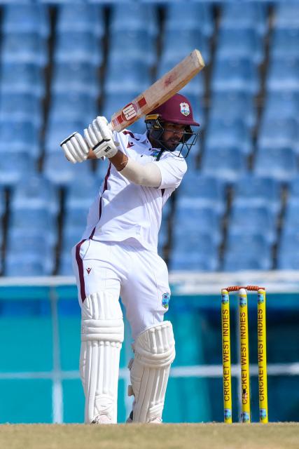 Amir Jangoo of West Indies bats during the 2nd day of the 1st Test between Sri Lanka and West Indies at Vivian Richards Cricket Stadium in North Sound, Antigua and Barbuda, on June 26, 2026. (Photo by Randy Brooks / AFP)