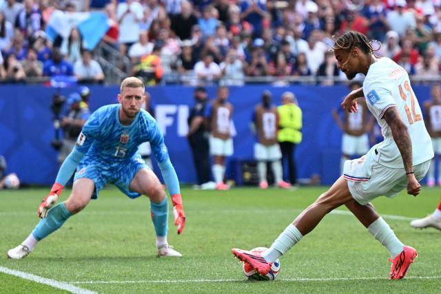 France's forward #11 Michael Olise shoots and misses a chance during the 2026 World Cup Group I football match between Norway and France at the Boston Stadium in Foxborough on June 26, 2026.  (Photo by Jewel SAMAD / AFP)