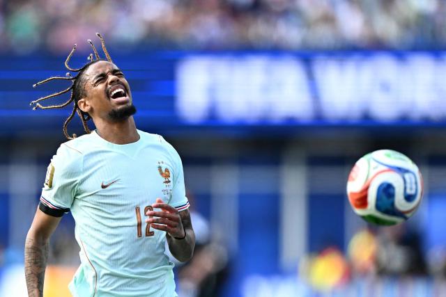 France's forward #12 Bradley Barcola reacts during the 2026 World Cup Group I football match between Norway and France at the Boston Stadium in Foxborough on June 26, 2026.  (Photo by Jewel SAMAD / AFP)