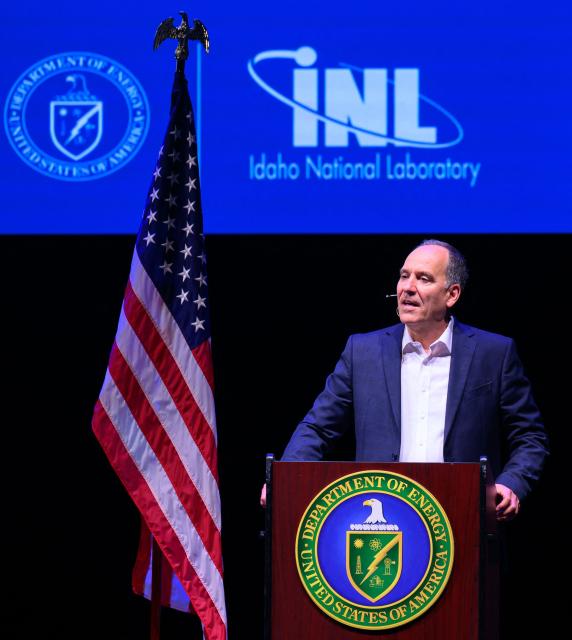 The director of Idaho National Laboratory (INL) Dr. John C. Wagner speaks about nuclear energy on-stage during an event in Idaho Falls, Idaho, on June 25, 2026. Several next-generation small nuclear reactors, widely seen as the future of the sector, are now operational or close to becoming so in the United States -- a major milestone made possible by an influx of private capital and support from the American government. The milestone was put on display in the middle of the Idaho dessert where a cluster of drab hangars might otherwise go unnoticed. (Photo by Josh Edelson / AFP)