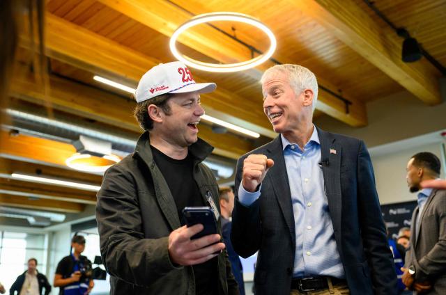 Max Ukropina of Valor Atomics (L) speaks with US Secretary of Energy Chris Wright (R), during a tour of the Idaho National Laboratory in an area west of Idaho Falls, Idaho, on June 25, 2026. Wright visited various sites where companies have been racing to build small modular nuclear reactors in what has been heralded as Americas nuclear renaissance. Several next-generation small nuclear reactors, widely seen as the future of the sector, are now operational or close to becoming so in the United States -- a major milestone made possible by an influx of private capital and support from the American government. The milestone was put on display in the middle of the Idaho dessert where a cluster of drab hangars might otherwise go unnoticed. (Photo by Josh Edelson / AFP)