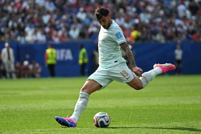 France's defender #19 Theo Hernandez controls the ball during the 2026 World Cup Group I football match between Norway and France at the Boston Stadium in Foxborough on June 26, 2026.  (Photo by Jewel SAMAD / AFP)